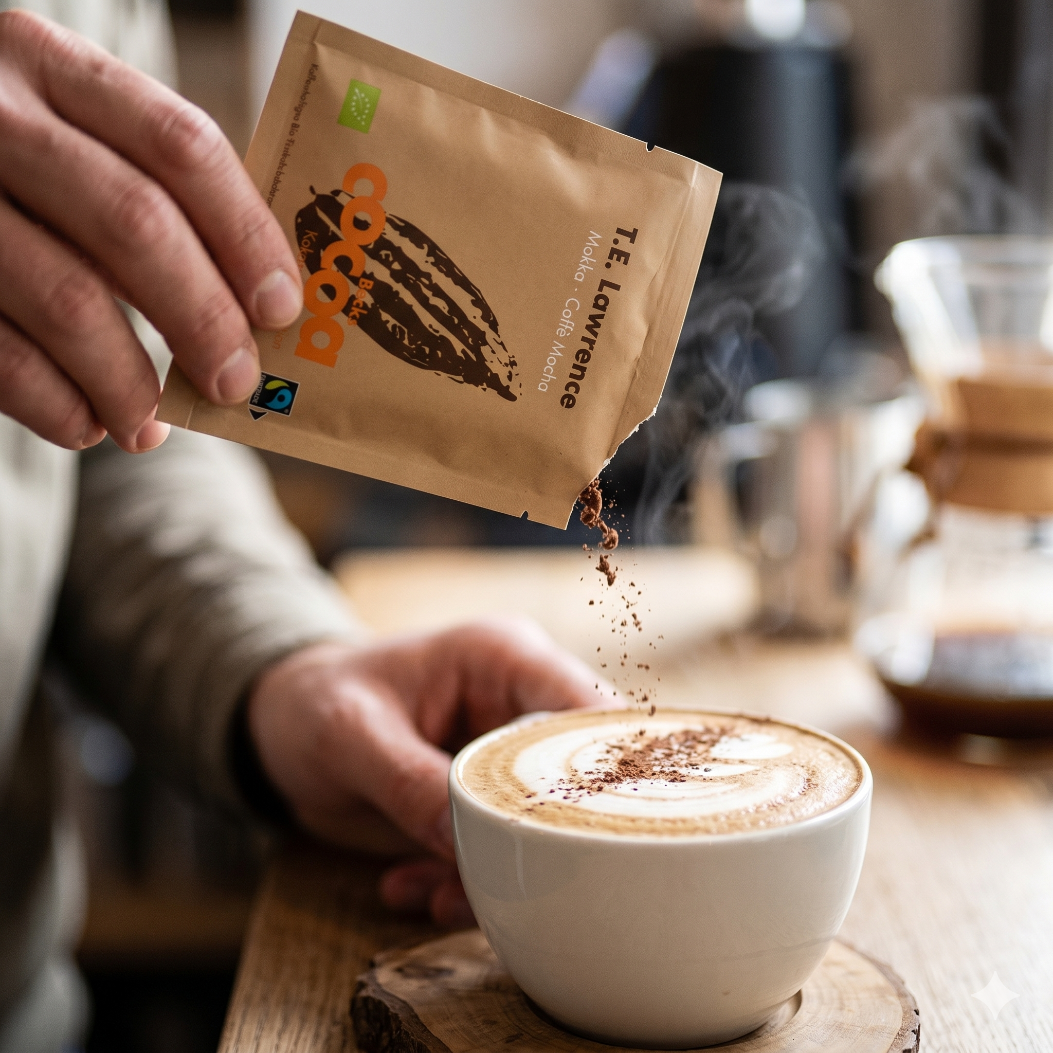 BIO Trinkschokolade mit Kaffeeextrakt T.E. Lawrence Mokka Becks COCOA 25g Beutel