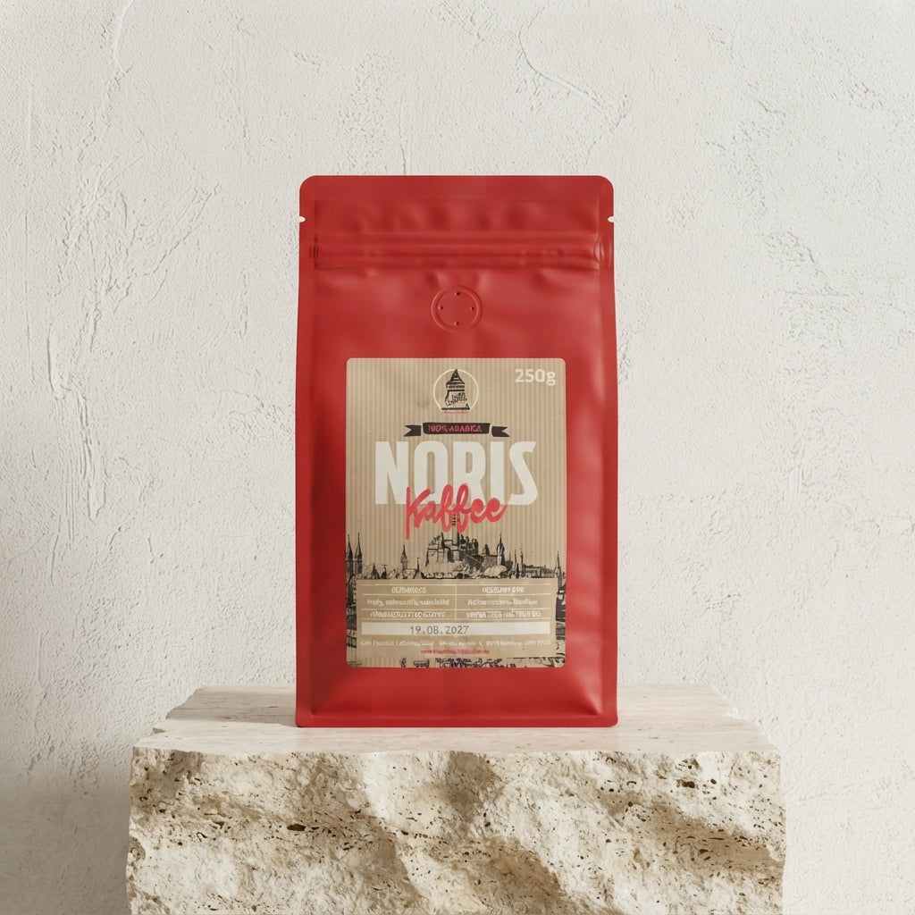 Rote Kaffeepackung Noris Filterkaffee auf Marmorsockel