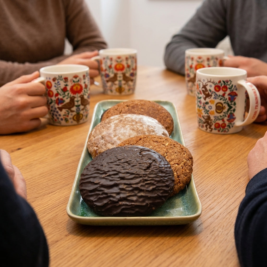 Sortierte Elisen-Lebkuchen liegend auf einem länglichen Teller mit Stickmustertassen am Tisch